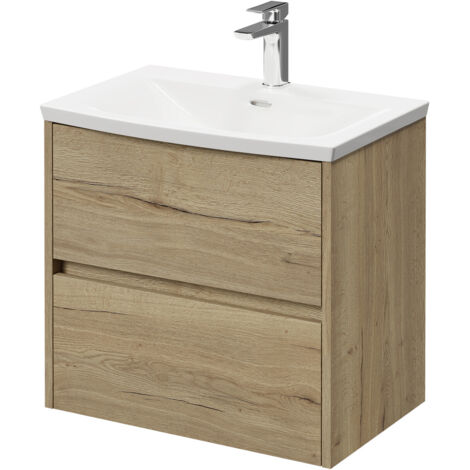 Montego Autumn Oak 600mm Wall Mounted Vanity Unit with 1 Tap Hole Curved Basin and 2 Drawers