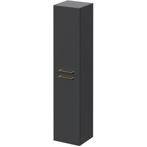 Napoli Gloss Grey 350mm x 1600mm Wall Mounted Tall Storage Unit with 2 Doors and Brushed Brass Handles