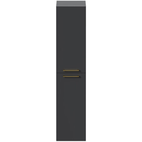 Napoli Gloss Grey 350mm x 1600mm Wall Mounted Tall Storage Unit with 2 Doors and Brushed Brass Handles