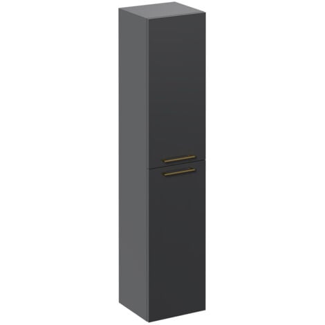 Napoli Gloss Grey 350mm x 1600mm Wall Mounted Tall Storage Unit with 2 Doors and Brushed Brass Handles