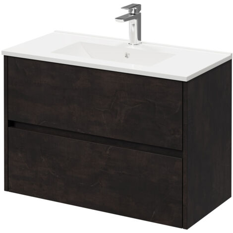 Montego Metallic Slate 800mm Wall Mounted Vanity Unit with 1 Tap Hole Minimalist Basin and 2 Drawers (1/5)