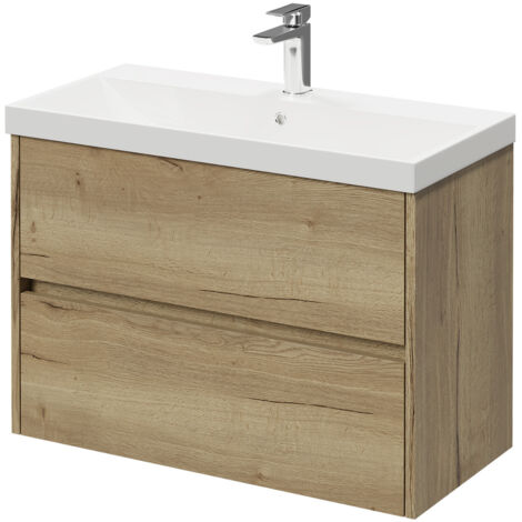 Montego Autumn Oak 800mm Wall Mounted Vanity Unit with 1 Tap Hole Slim Edge Basin and 2 Drawers (1/5)