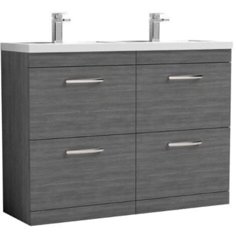 Nuie Athena Anthracite Woodgrain 1200mm 4 Drawer Vanity Unit and Double Polymarble Basins - ATH032C