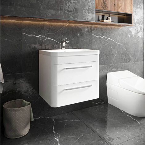 Hudson Reed Solar Matt Pure White 600mm Wall Hung 2 Drawer Vanity Unit and Polymarble Basin - SOL102 (1/5)