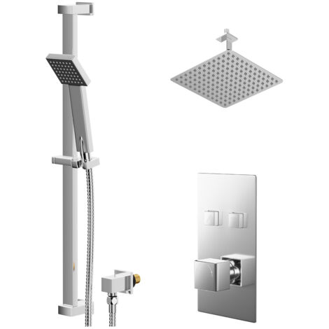 Wholesale Domestic Cubix Polished Chrome Concealed Push Button Twin Shower Valve and 300mm Thin Square Fixed Head with 150mm Ceiling Arm and Thames Slide Rail Kit with Square Elbow - 2 Outlet