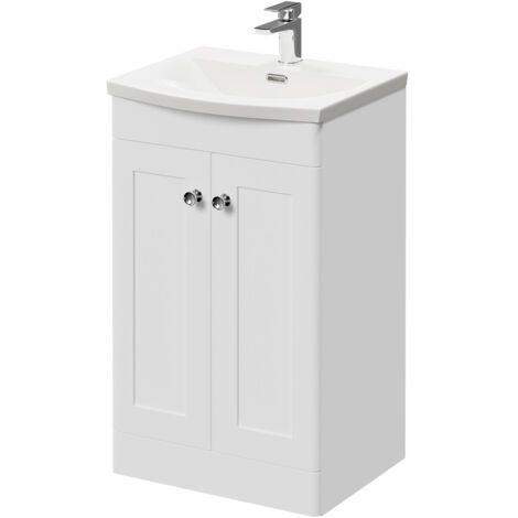Wholesale Domestic Danbury Satin White 500mm Floor Standing Vanity Unit with 1 Tap Hole Curved Basin and 2 Doors with Polished Chrome Handles (1/5)