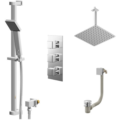 Wholesale Domestic Cubix Polished Chrome Concealed Triple Thermostatic Shower Valve with Diverter and 300mm Square Head with 300mm Ceiling Arm and Thames Slide Rail Kit with Free-Flow Bath Filler - 3 (1/5)