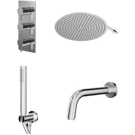 Wholesale Domestic Circo Polished Chrome Concealed Triple Thermostatic Shower Valve with Diverter and 400mm Round Head with 345mm Wall Arm and Outlet Holder with Kit and Bath Spout - 3 Outlet