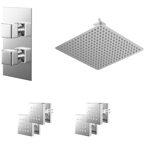 Wholesale Domestic Cubix Polished Chrome Concealed Twin Thermostatic Shower Valve with Diverter and 400mm Square Head with 150mm Ceiling Arm and 4 Body Jets - 2 Outlet (1/5)