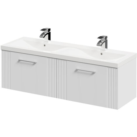 Wholesale Domestic Avant Satin White 1200mm Wall Mounted Vanity Unit with Ceramic Double Basin and 2 Drawers with Polished Chrome Handles