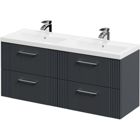 Wholesale Domestic Avant Satin Anthracite 1200mm Wall Mounted Vanity Unit with Polymarble Double Basin and 4 Drawers with Polished Chrome Handles