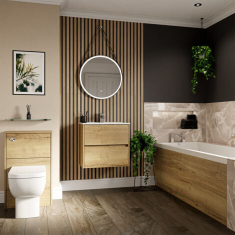 Wholesale Domestic Dean 1700mm x 700mm Straight Single Ended Bathroom Suite including Autumn Oak Furniture Set with Minimalist Basin