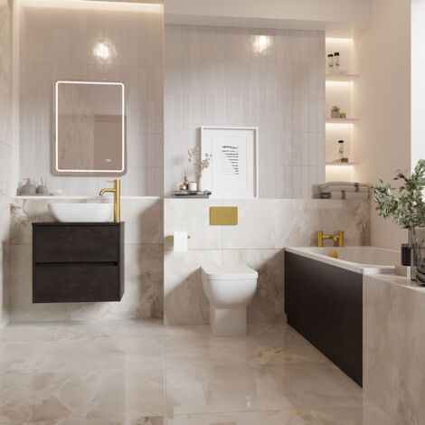 Wholesale Domestic Alford 1400mm Steel Straight Single Ended Bathroom Suite including Brushed Brass Flush Plate Back to Wall Toilet and Metallic Slate Vanity Unit with Countertop Basin (1/5)