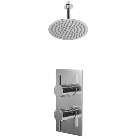 Wholesale Domestic Circo Polished Chrome Concealed Twin Thermostatic Shower Valve and 200mm Thin Round Fixed Head with 150mm Ceiling Arm - 1 Outlet