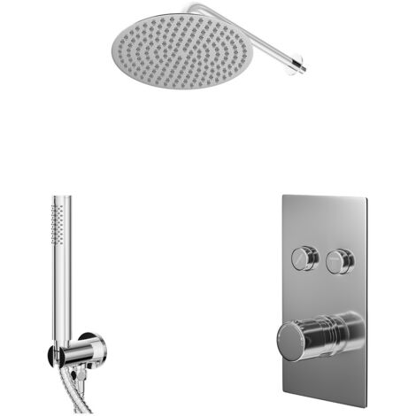 Wholesale Domestic Circo Polished Chrome Push Button Diverter Concealed Thermostatic Shower Valve and 300mm Round Fixed Head with 345mm Wall Arm and Outlet Holder with Kit - 2 Outlet (1/5)