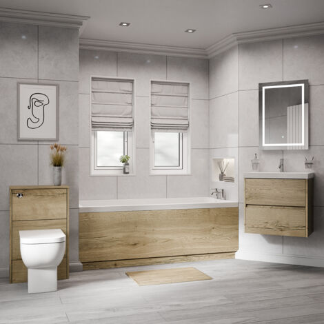 Wholesale Domestic Kendel 1700mm x 750mm Straight Single Ended Bathroom Suite including Autumn Oak Furniture Set with Slim Edge Basin (1/5)