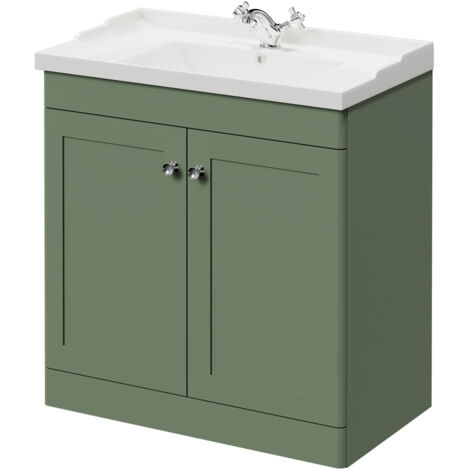 Wholesale Domestic Danbury Satin Green 800mm Floor Standing Vanity Unit with 1 Tap Hole Traditional Basin and 2 Doors with Polished Chrome Handles (1/5)