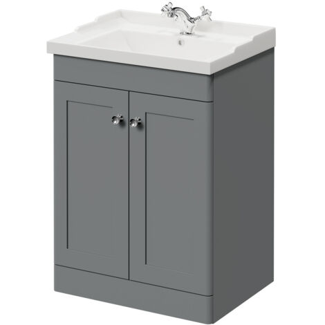 Wholesale Domestic Danbury Satin Grey 600mm Floor Standing Vanity Unit with 1 Tap Hole Traditional Basin and 2 Doors with Polished Chrome Handles (1/5)
