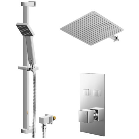 Wholesale Domestic Cubix Polished Chrome Concealed Push Button Twin Shower Valve and 400mm Thin Square Fixed Head with Wall Arm and Thames Slide Rail Kit with Square Elbow - 2 Outlet (1/5)