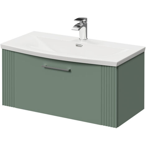 Wholesale Domestic Avant Satin Green 800mm Wall Mounted Vanity Unit with 1 Tap Hole Curved Basin and Single Drawer with Polished Chrome Handle