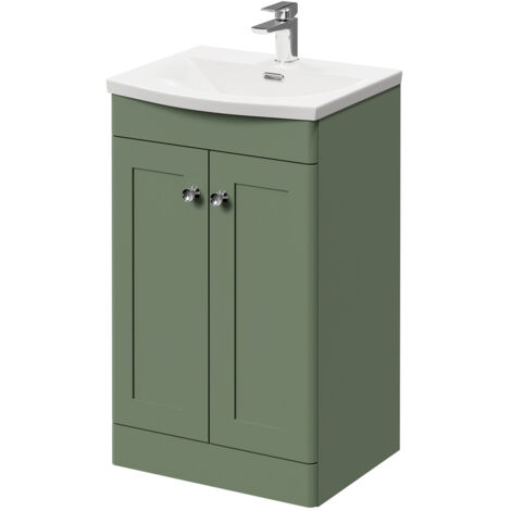 Wholesale Domestic Danbury Satin Green 500mm Floor Standing Vanity Unit with 1 Tap Hole Curved Basin and 2 Doors with Polished Chrome Handles (1/5)