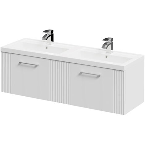 Wholesale Domestic Avant Satin White 1200mm Wall Mounted Vanity Unit with Polymarble Double Basin and 2 Drawers with Polished Chrome Handles (1/5)