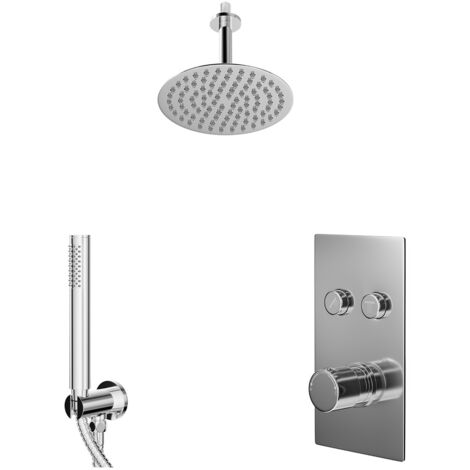 Wholesale Domestic Circo Polished Chrome Push Button Diverter Concealed Thermostatic Shower Valve and 200mm Round Head with 150mm Ceiling Arm and Outlet Holder with Kit - 2 Outlet (1/5)