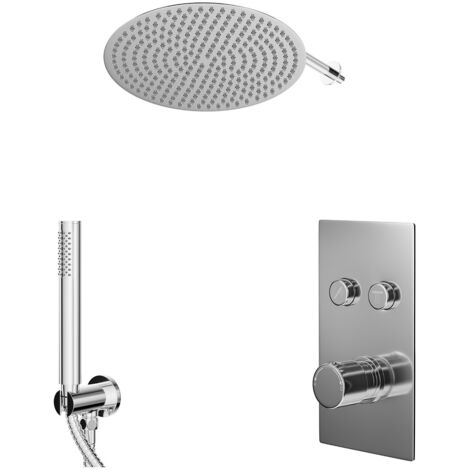 Wholesale Domestic Circo Polished Chrome Push Button Diverter Concealed Thermostatic Shower Valve and 400mm Round Head with 345mm Wall Arm and Outlet Holder with Kit - 2 Outlet (1/5)
