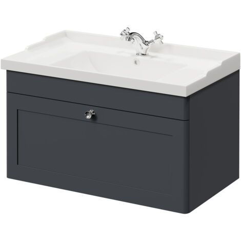 Wholesale Domestic Danbury Satin Anthracite 800mm Wall Mounted Vanity Unit with 1 Tap Hole Traditional Basin and Single Drawer with Polished Chrome Handle (1/5)