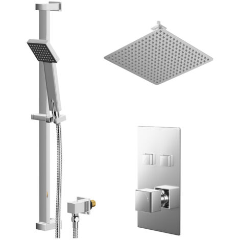 Wholesale Domestic Cubix Polished Chrome Concealed Push Button Twin Shower Valve and 400mm Thin Square Fixed Head with 150mm Ceiling Arm and Thames Slide Rail Kit with Square Elbow - 2 Outlet (1/5)