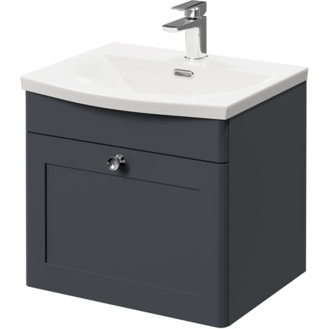 Wholesale Domestic Danbury Satin Anthracite 500mm Wall Mounted Vanity Unit with 1 Tap Hole Curved Basin and Single Drawer with Polished Chrome Handle (1/5)