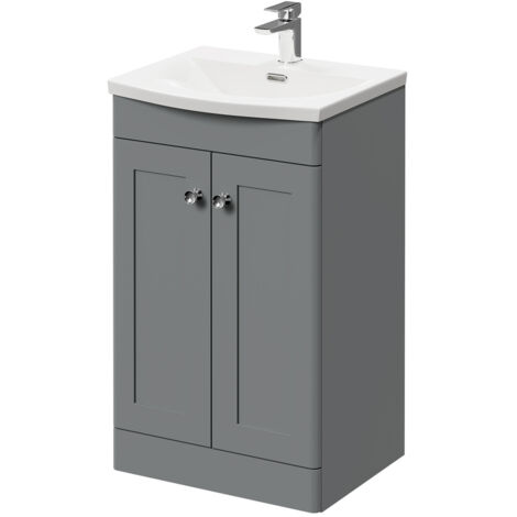 Wholesale Domestic Danbury Satin Grey 500mm Floor Standing Vanity Unit with 1 Tap Hole Curved Basin and 2 Doors with Polished Chrome Handles (1/5)