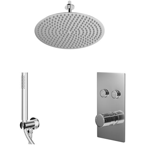 Wholesale Domestic Circo Polished Chrome Push Button Diverter Concealed Thermostatic Shower Valve and 400mm Round Fixed Head with 150mm Ceiling Arm and Outlet Holder with Kit - 2 Outlet (1/5)