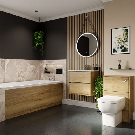 Wholesale Domestic Ashby 1800mm x 800mm Slim Edge Straight Single Ended Bathroom Suite including Autumn Oak Furniture Set with Minimalist Basin