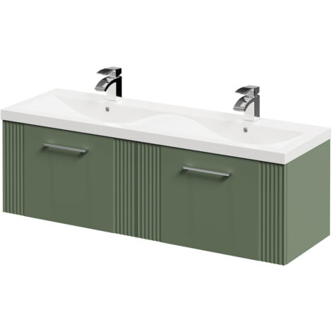 Wholesale Domestic Avant Satin Green 1200mm Wall Mounted Vanity Unit with Ceramic Double Basin and 2 Drawers with Polished Chrome Handles