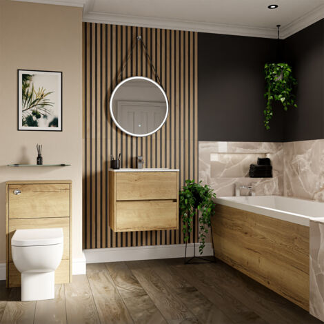 Wholesale Domestic Dean 1700mm x 750mm Straight Single Ended Bathroom Suite including Autumn Oak Furniture Set with Minimalist Basin
