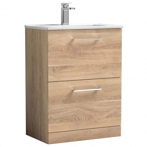 Nuie Arno Bleached Oak Woodgrain 600mm 2 Drawer Vanity Unit and Minimalist Ceramic Basin - ARN3033B (1/5)