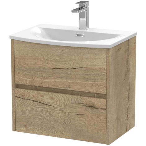 Nuie Havana Autumn Oak Woodgrain 600mm Wall Hung 2 Drawer Vanity Unit and Curved Ceramic Basin - HAV804G