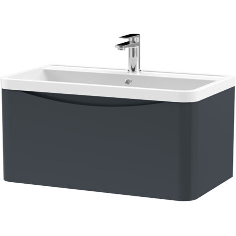 Nuie Lunar Satin Soft Black 800mm Wall Hung Single Drawer Vanity Unit and Polymarble Basin - LUN1406 (1/3)