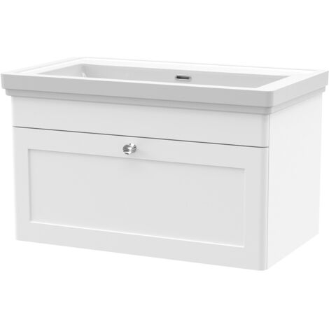 Nuie Classique Satin White 800mm Wall Hung Single Drawer Vanity Unit and 66mm Profile Basin - CLC196H (1/2)