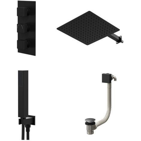 Colore Square Matt Black Concealed Triple Thermostatic Shower Valve with Diverter and 300mm Fixed Head with 345mm Wall Arm and Outlet Holder with Kit and Free-Flow Bath Filler - 3 Outlet (1/5)