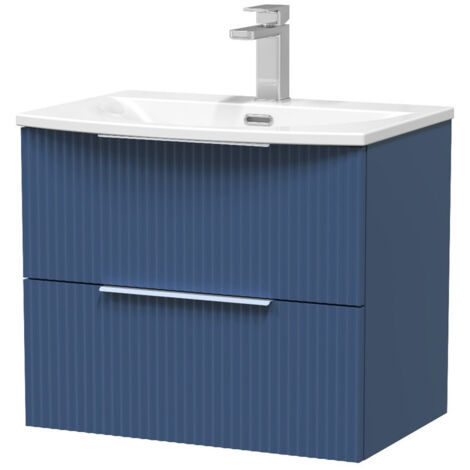 Hudson Reed Fluted Satin Blue 600mm Wall Hung 2 Drawer Vanity Unit and Curved Ceramic Basin - DFF393G
