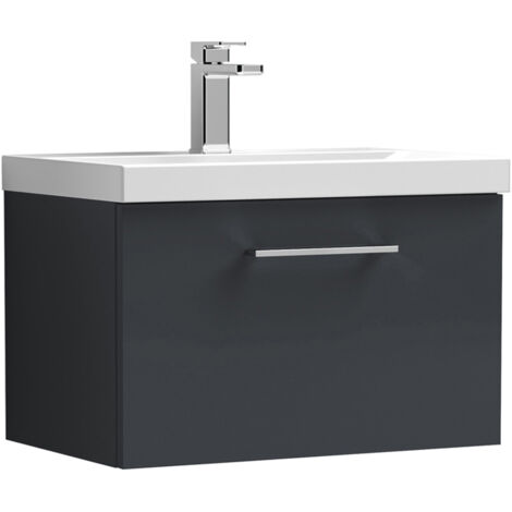 Nuie Arno Satin Soft Black 600mm Wall Hung Single Drawer Vanity Unit and Thin Edge Ceramic Basin - ARN1422D (1/6)