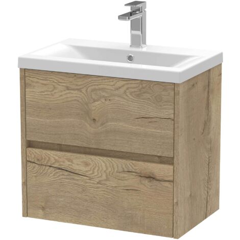 Nuie Havana Autumn Oak Woodgrain 600mm Wall Hung 2 Drawer Vanity Unit and Mid Edge Ceramic Basin - HAV804A