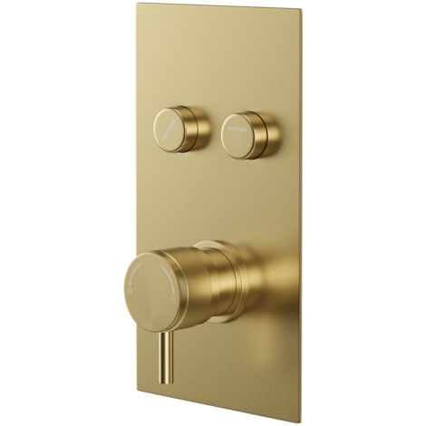 Colore Round Brushed Brass Concealed Push Button Shower Valve with Half Knurled Control Handle - 2 Outlet