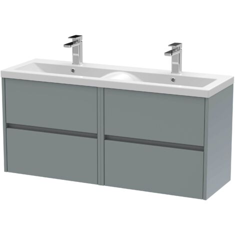 Nuie Havana Matt Coastal Grey 1200mm Wall Hung 4 Drawer Vanity Unit with Double Ceramic Basins - HAV2304F (1/3)
