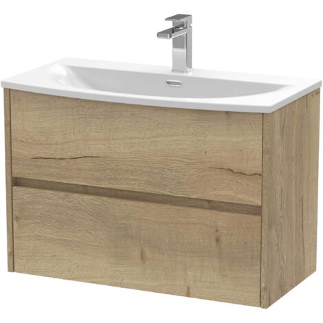 Nuie Havana Autumn Oak Woodgrain 800mm Wall Hung 2 Drawer Vanity Unit and Curved Ceramic Basin - HAV806G (1/4)