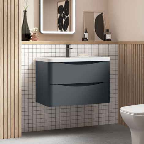 Nuie Lunar Satin Soft Black 800mm Wall Hung 2 Drawer Vanity Unit and Polymarble Basin - LUN1404 (1/5)