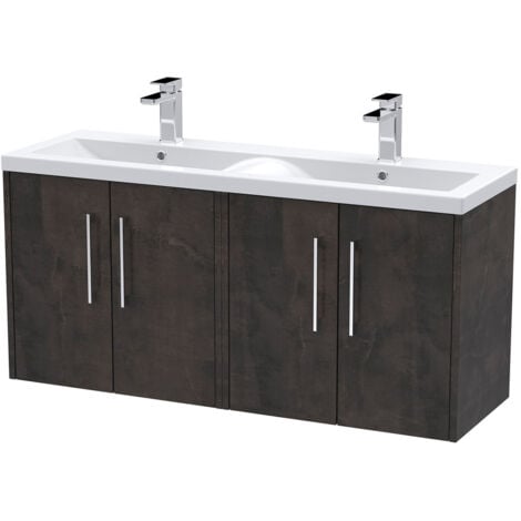 Hudson Reed Juno Matt Metallic Slate 1200mm Wall Hung 4 Door Vanity Unit and Twin Ceramic Basins - JNU2623F