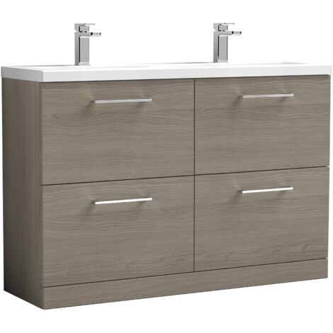 Nuie Arno Solace Oak Woodgrain 1200mm 4 Drawer Vanity Unit with Double Ceramic Basins - ARN2533F (1/5)